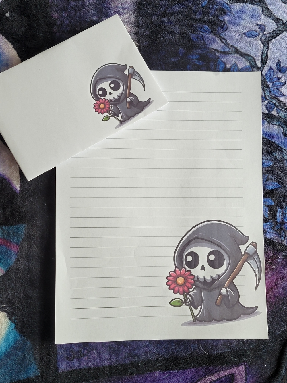🧋NEW🧋 24pc Cute Grim Reaper Lined Stationery Set with Flower Accent